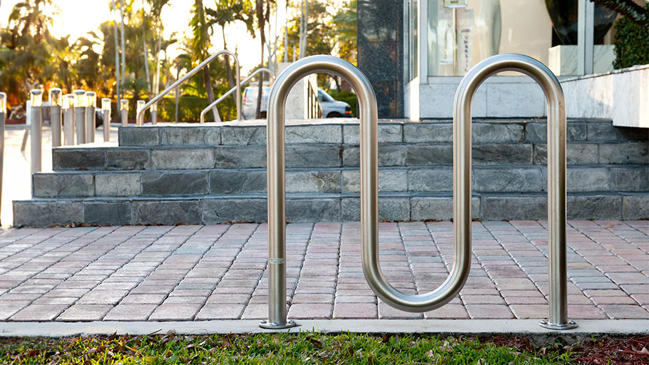 The R-8239 stainless steel 3-curve bike rack installed in Miami