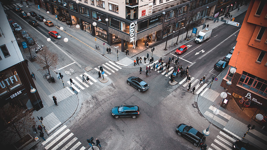 Aerial view of a bustling 4-way intersection in Stockholm.