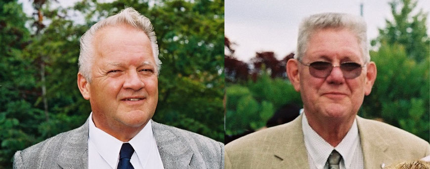 Side by side pictures of two gray-haired smiling foundrymen 
