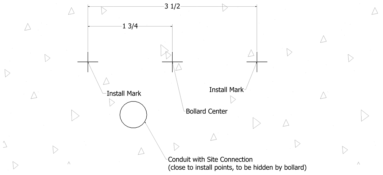 Diagram showing where to mark for installation of the AC light bollard