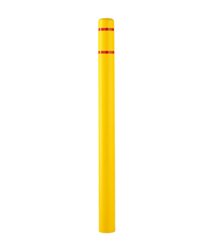 Yellow R-7101 plastic bollard cover with red reflective strips
