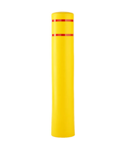 Yellow R-7130 plastic bollard cover with red reflective strips