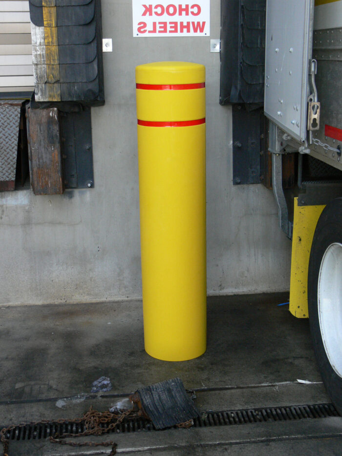 Yellow R-7155 plastic bollard cover with red reflective strip