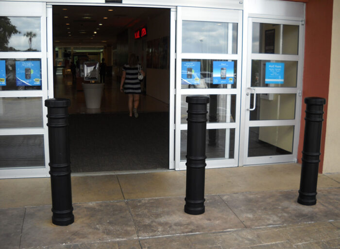 R-7171 decorative plastic bollard covers in front of automatic doors