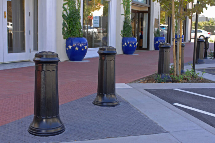 R-7520 decorative bollards protecting sidewalk and storefront