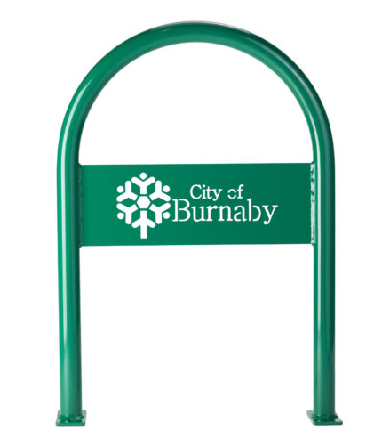 A studio shot of the R-8244 Custom Bike Rack (Rectangular Plate) customized with the city of Burnaby logo