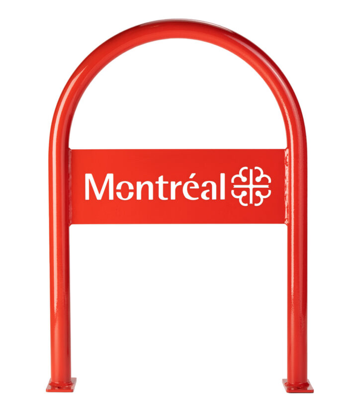 A studio shot of the R-8244 Custom Bike Rack (Rectangular Plate) customized with the city of Montreal logo