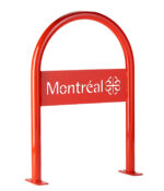 An angled studio shot of the R-8244 Custom Bike Rack (Rectangular Plate) customized with the city of Montreal logo