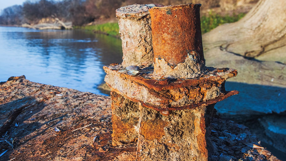 An image of a rusted steel bollard by the water