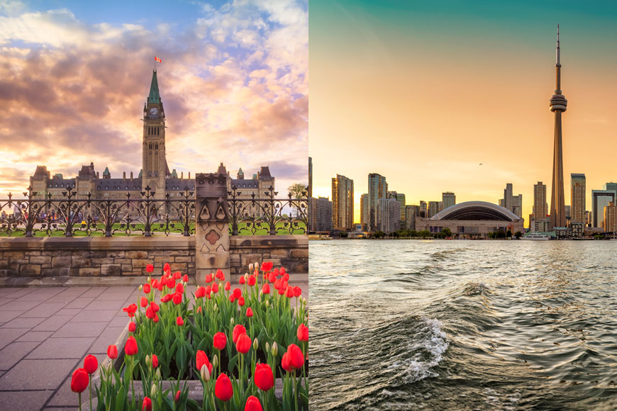 Side by side pictures of the Toronto skyline with the CN Tower and Ottawa’s Parliament buildings
