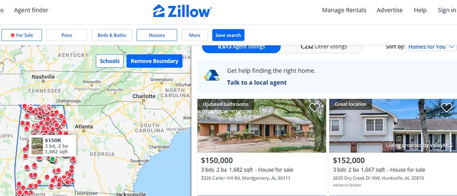 A screen capture of the Zillow screen showing many low-priced homes including a 3 bedroom for $150K