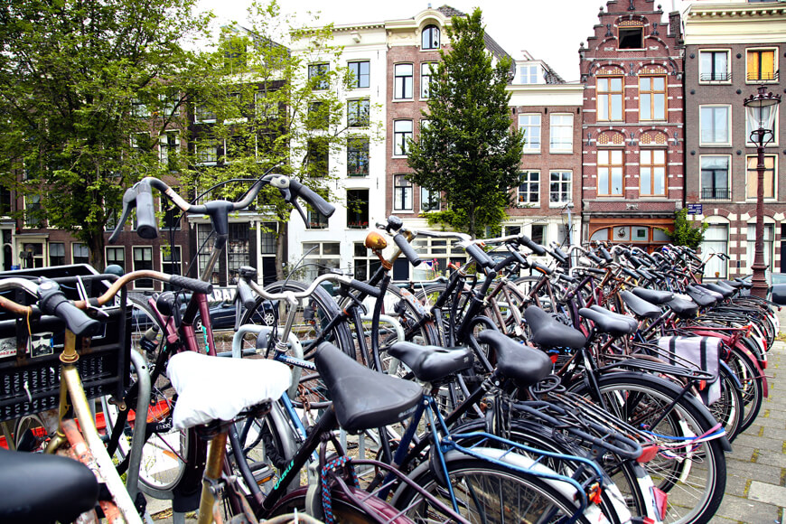 Rows of crowded bike parking lots signal large bike culture