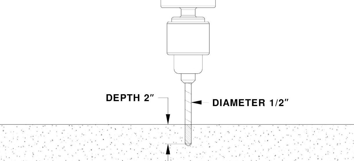 Diagram showing diameter and depth necessary for drop-in anchor placement