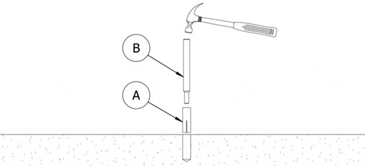 Diagram showing the placement of drop-in anchor inserts using a setting tool and hammer
