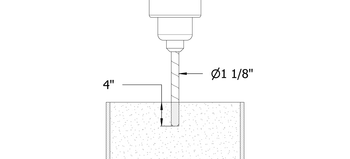 Diagram showing drill that is drilling hole with 1-1/8 inch diameter and 4 inch depth