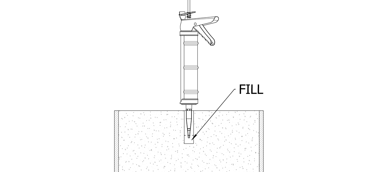 Diagram showing caulking gun dispensing adhesive into hole