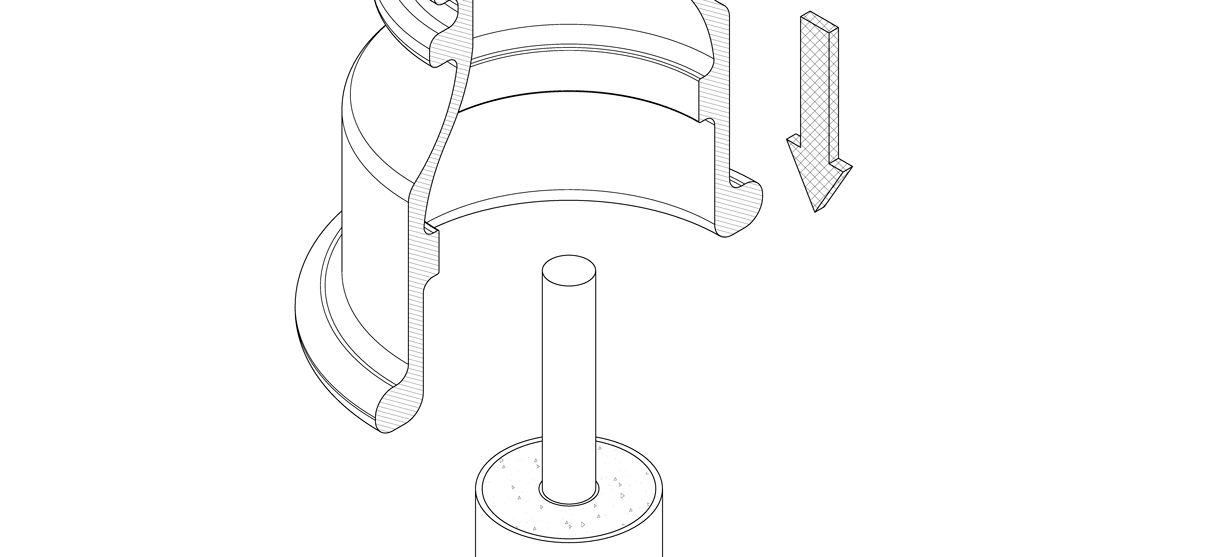 Diagram showing bollard cover placed over threaded rod and pipe bollard