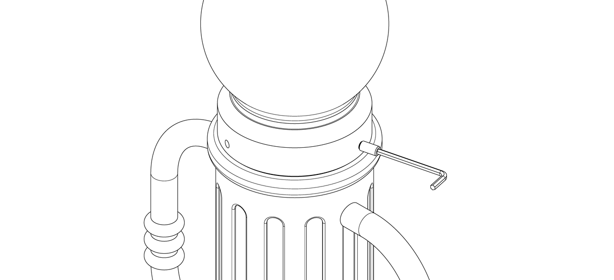 Diagram showing bollard cover cap aligned to base with three set screws and tightened with hex key
