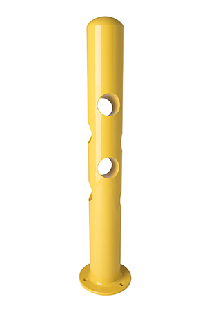 A tall yellow bike bollard on a white background has holes through it for locking
