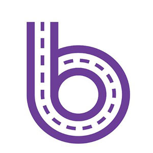 A drawing of a curved purple road with a dashed line up the center creates a small letter b