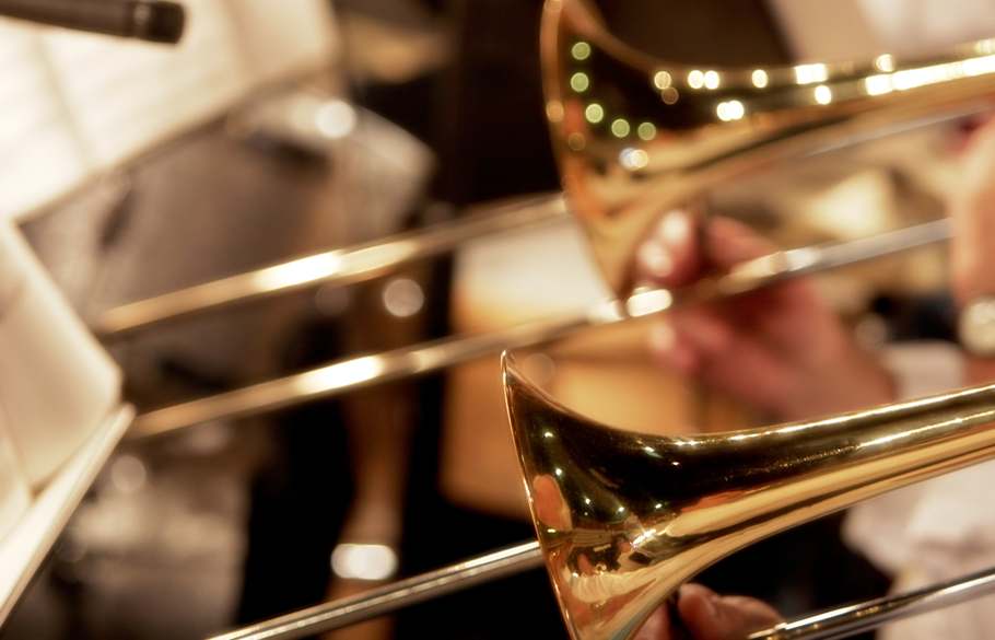 Gleaming brass trombones