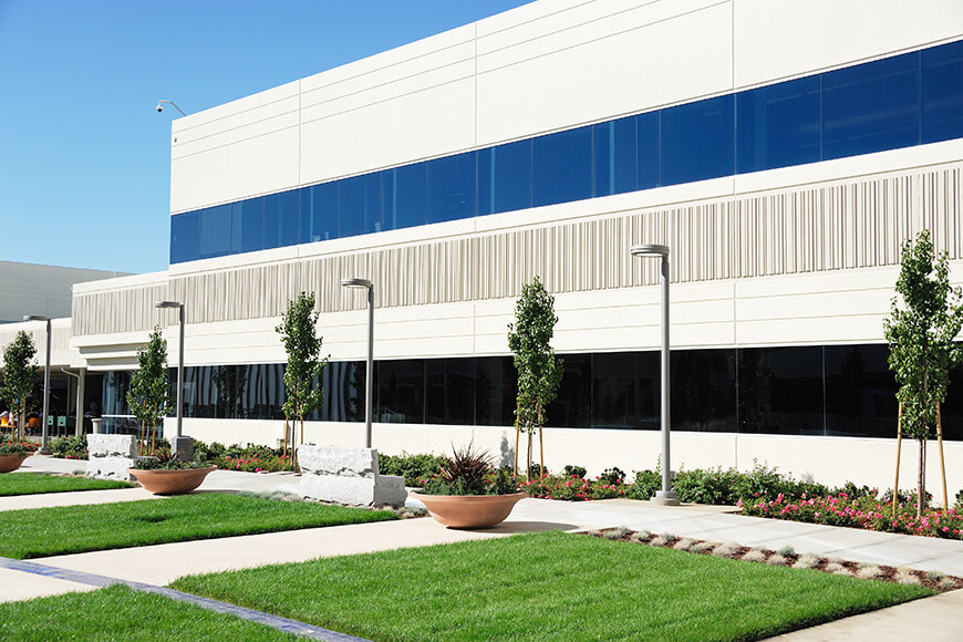 Office building exterior with landscaping