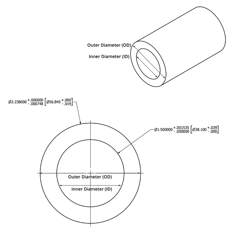 A product diagram showing diameter measurements with tolerance information