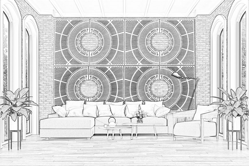 Cast iron plates decorate a brick wall in a black and white sketch of a living room