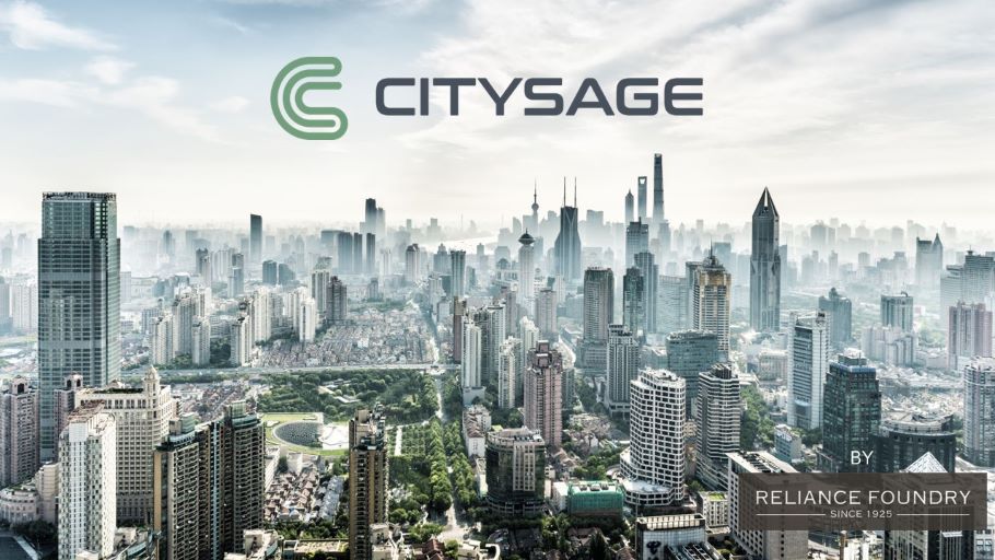 An aerial view of a city with text and logos Citysage by Reliance Foundry