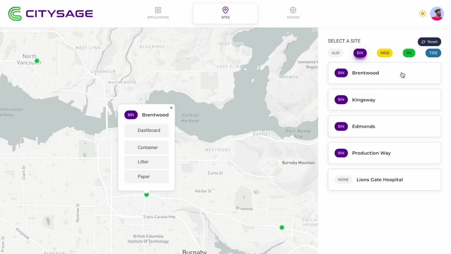 Bin locations are displayed on a map in your Citysage Dashboard, alongside actionable data and insights. 