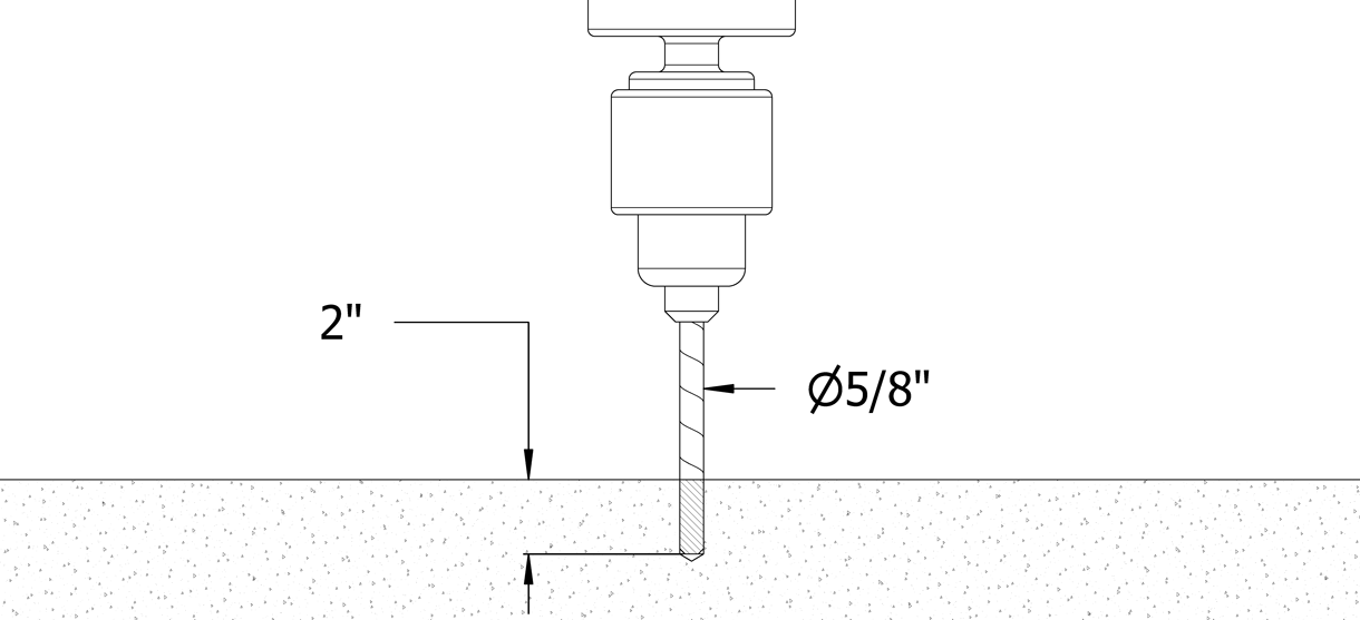 Diagram showing a hole being drilled with a 5/8 inch diameter and 2 inch depth