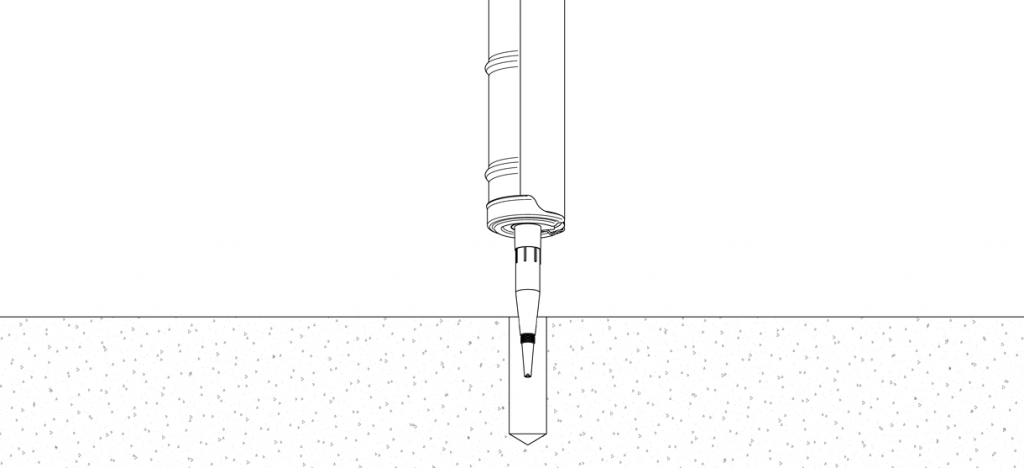 Diagram showing the caulking gun dispensing the adhesive from the bottom up into the hole