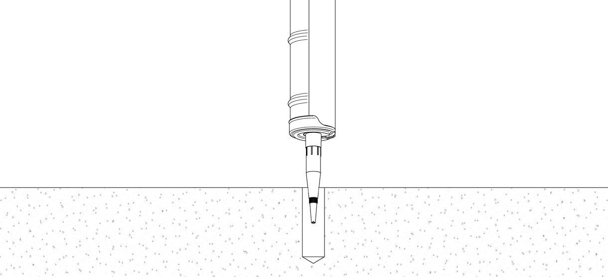 Diagram showing the caulking gun dispensing the adhesive from the bottom up into the hole