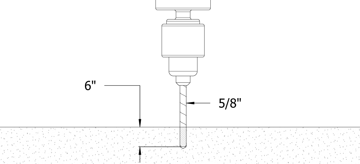 Diagram showing a drill creating a hole with a diameter of 5/8 inches and depth of 6 inches