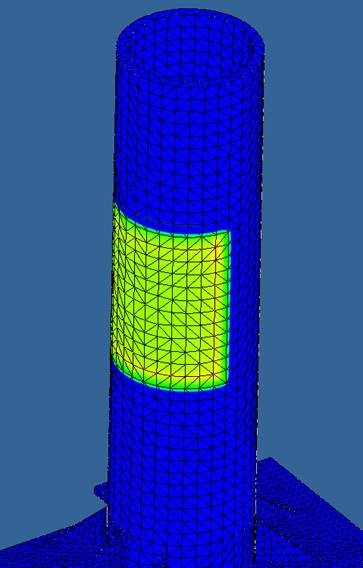 Rendering displaying a green mesh of triangles as the safety factor at each element