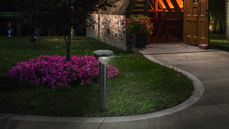 The R-9815-FL Solstice Bollard used to light a driveway beside bushes.