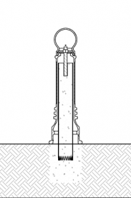 Diagram showing a metal decorative bollard cover fixed onto a pipe bollard using an adhesive anchoring system
