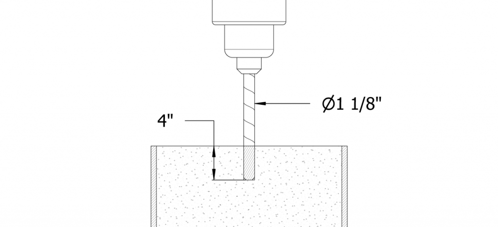 Diagram showing a drill that is drilling a hole with a 1-1/8 inch diameter and 4 inch depth