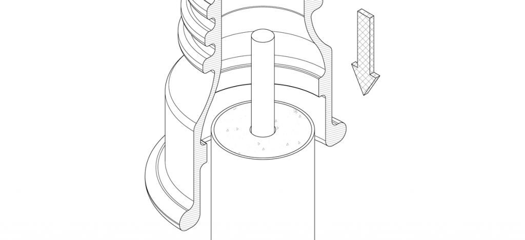 Diagram showing the bollard cover being placed over the threaded rod and pipe bollard