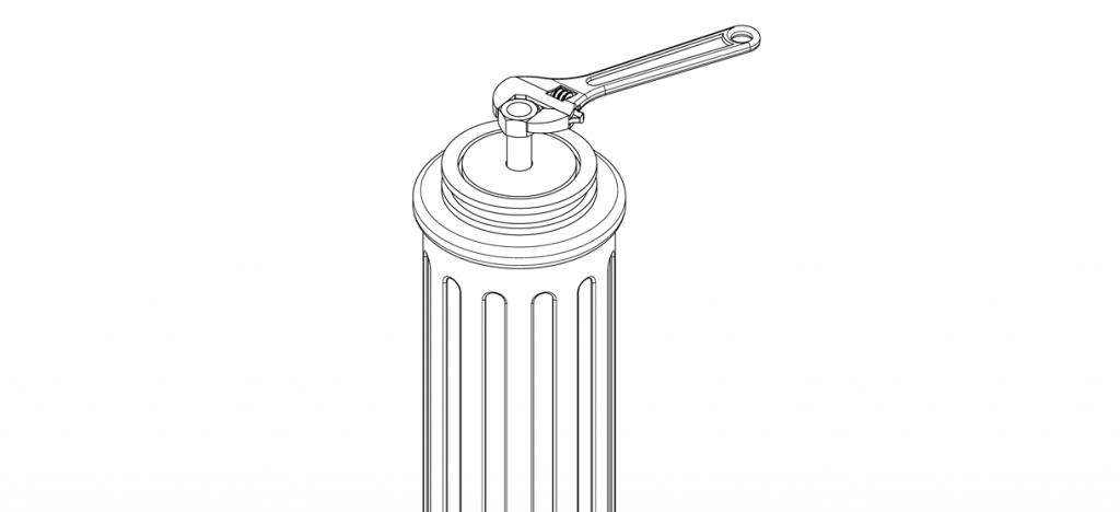 Diagram showing the washer over the threaded rod and the 1 inch nut being tightened by a wrench