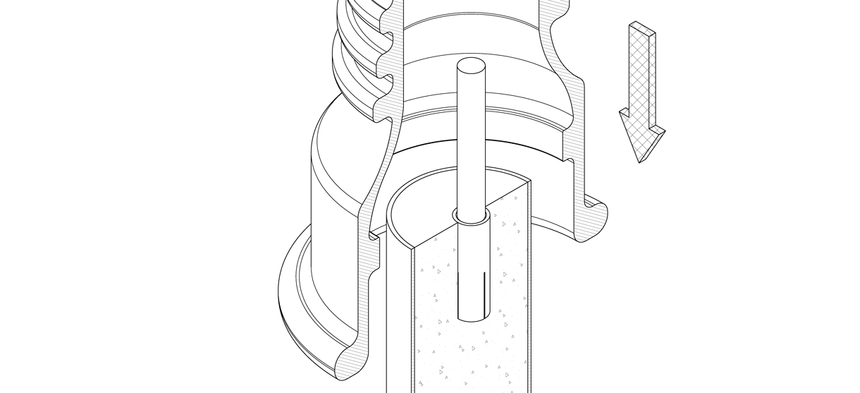 Diagram showing the bollard cover lowered over the pipe bollard and threaded rod