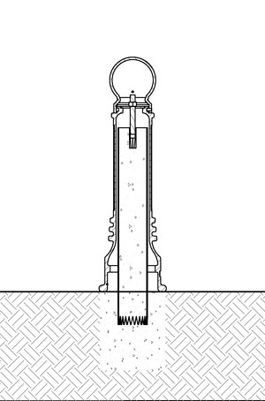 Diagram showing a metal decorative bollard cover fixed onto a pipe bollard using concrete anchors