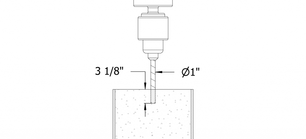 Diagram showing a drill that is drilling a hole with a 1 inch diameter and 3-1/8 inch depth
