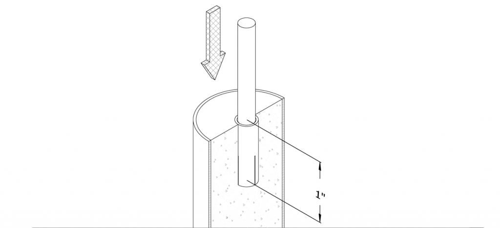 Diagram showing the threaded rod inserted into the concrete insert and tightened to 1 inch