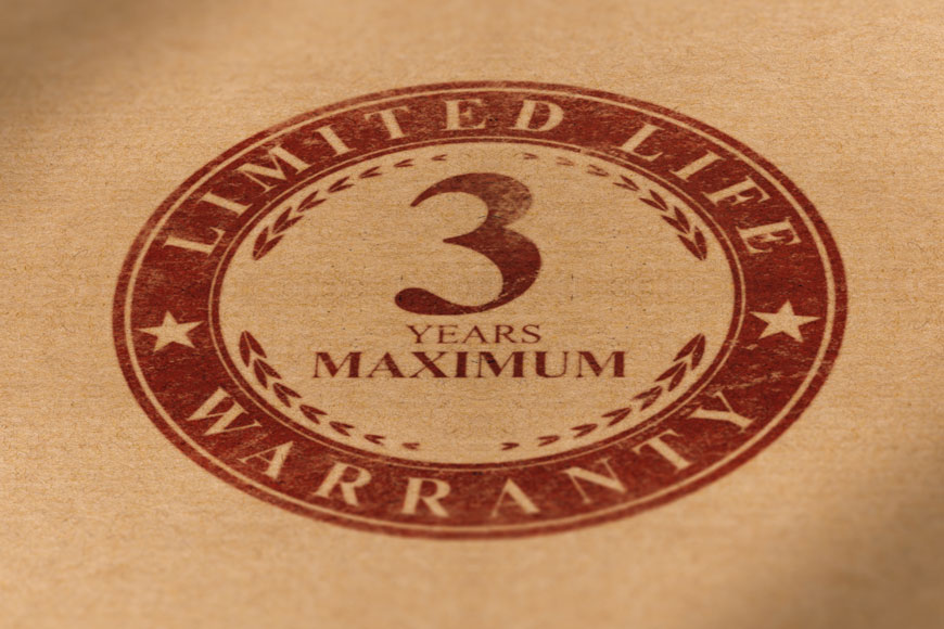 A rubber stamp mark reads 3 years maximum limited life warranty