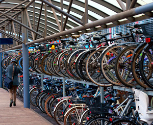 Double deck bike racks near a subway station