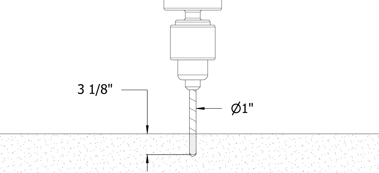 Diagram showing the drill going into the cement with depth control at 3-1/8 inch and 1 inch diameter