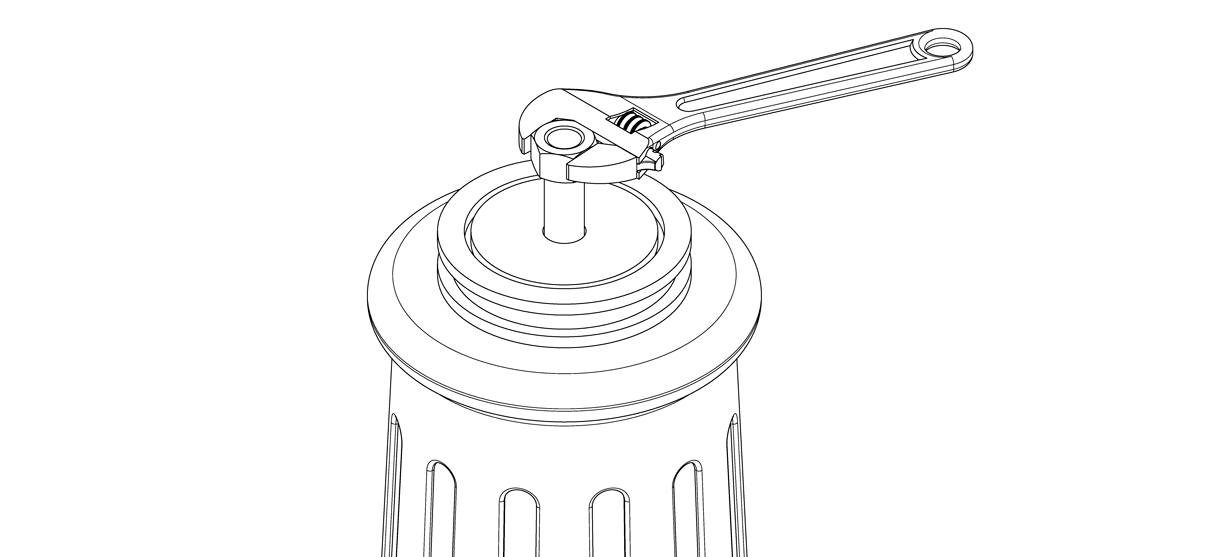 Diagram showing the washer over the threaded rod, and the hex nut being tightened by wrench