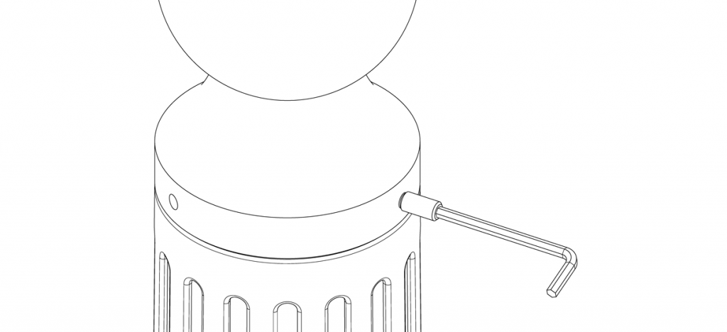 Diagram showing the bollard cap on top of the bollard base with a set screw being tightened with the hex key