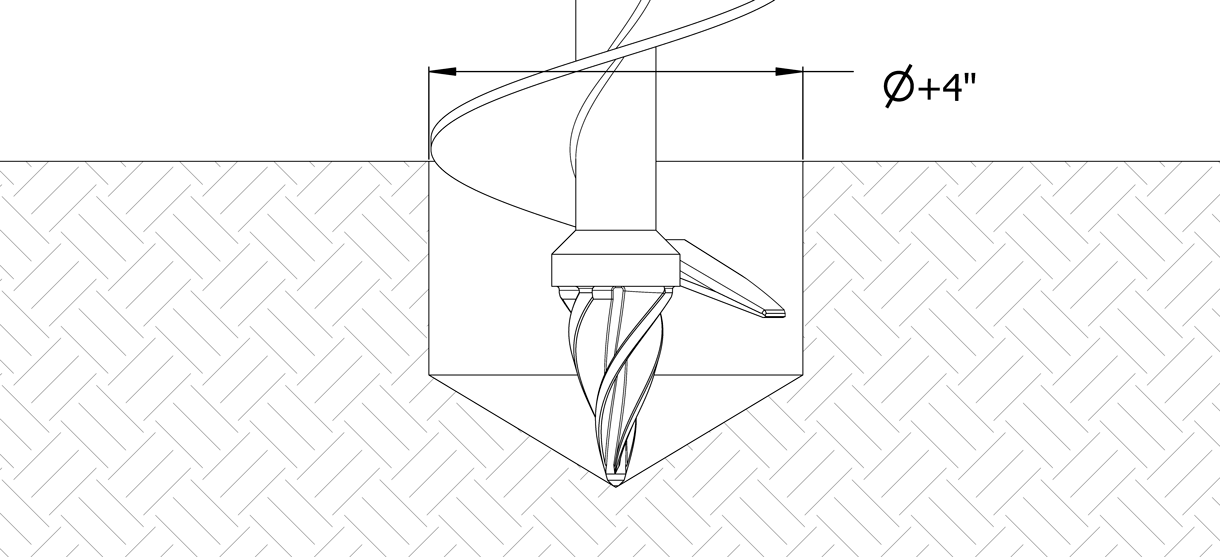 Diagram showing the auger digging into the dirt with a TBD depth and diameter that is 4 inches greater than the bollard base diameter